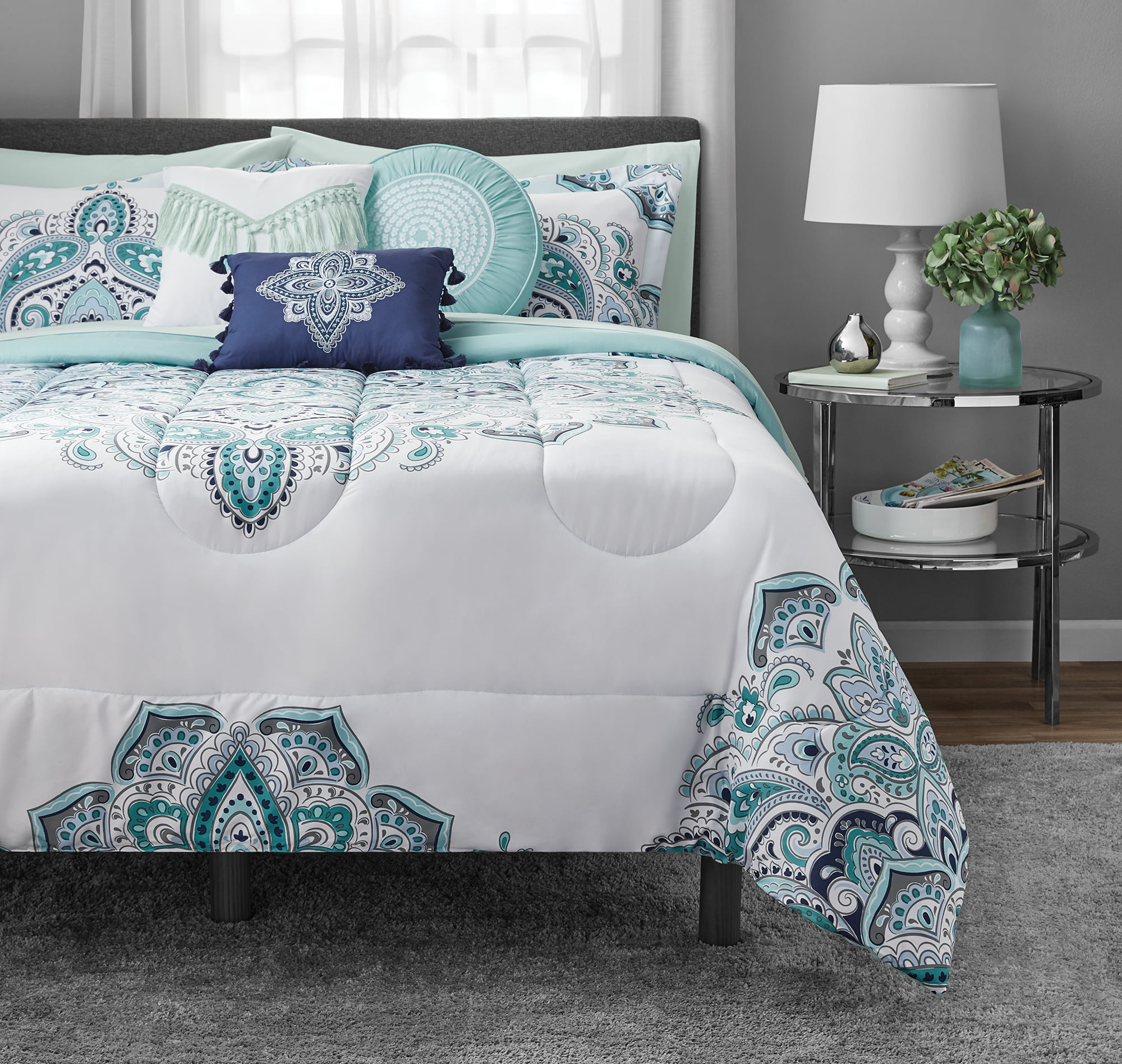 Mainstays 10-Piece Teal Medallion Bed in a Bag, Full