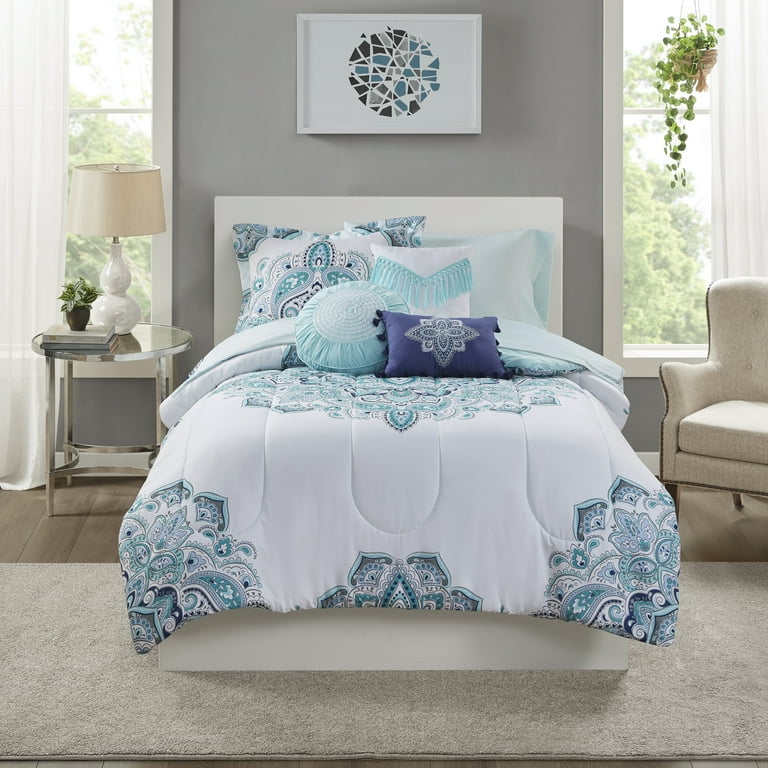 Mainstays 10-Piece Teal Medallion Bed in a Bag, King - Walmart.com
