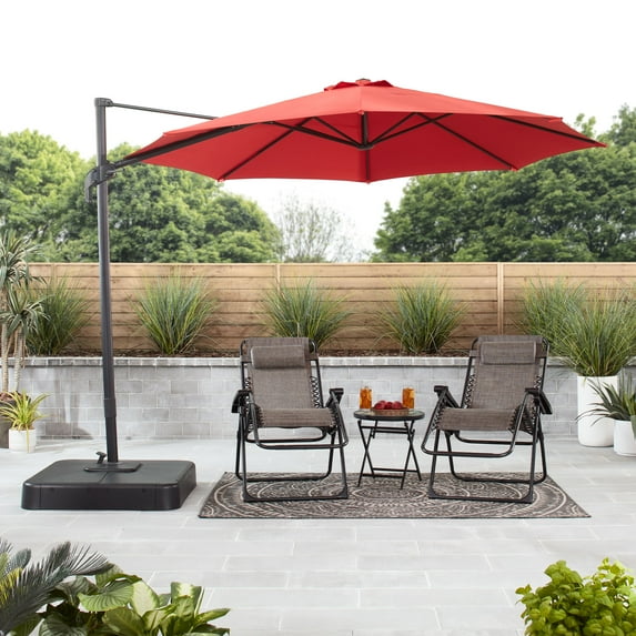 Mainstays 10’ Red Octagon Outdoor Tilting Cantilever Offset Patio Umbrella with Weighted Base and 360 Degree Rotation
