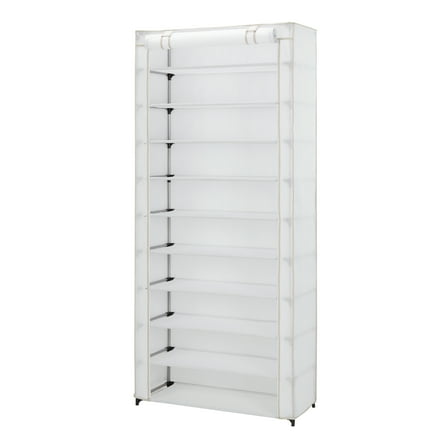 Mainstays 10 Shelf Organizer Shoe Rack with Cover to Hold 30 Pair Shoes, 31.5 in W x 13.46 in D x 69.09 in H, White