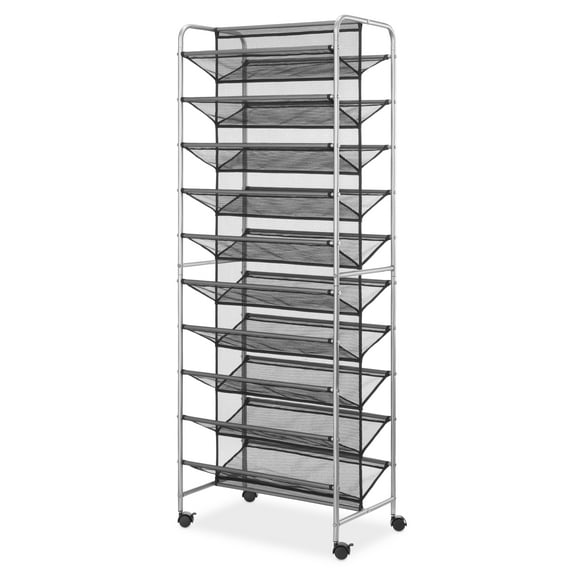 Mainstays Metal Rolling Shoe Rack, 10-Tiers, 60 Shoe Pair Capacity, Space Saving Shoe Storage, Durable, Silver