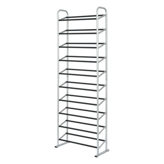 Open Box Mainstays 10-Tier Shoe Rack with Silver and Black Finish, Holds 30 Pairs