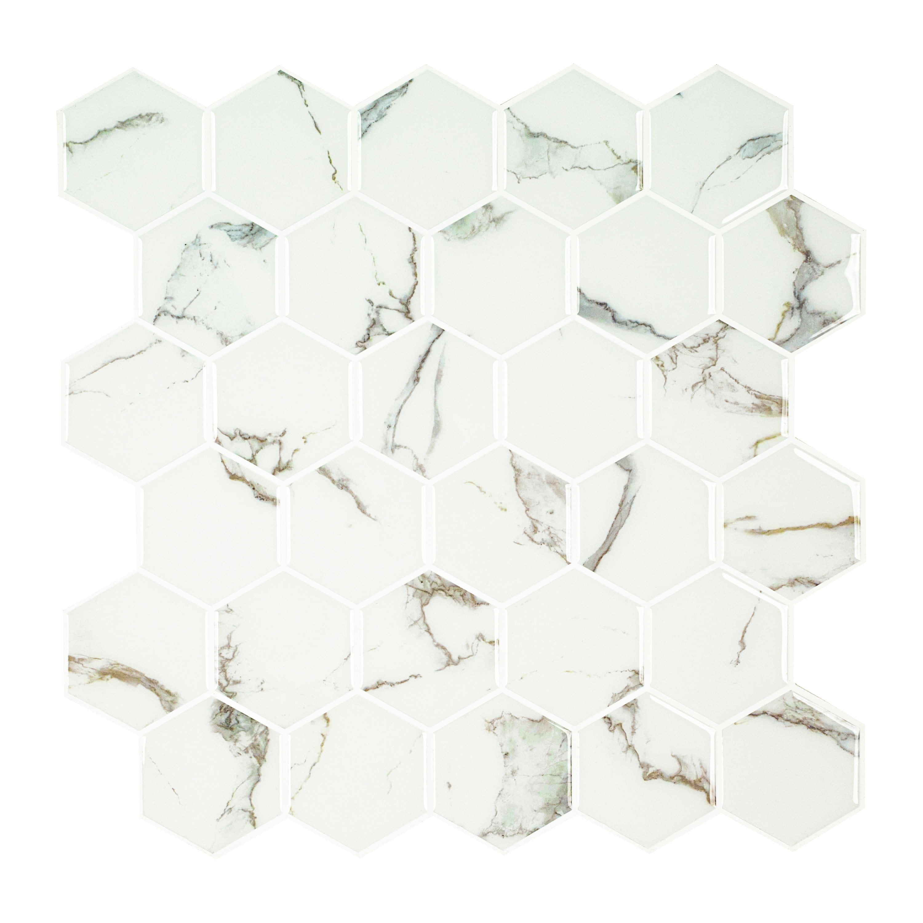 Mainstays 10 in. W x 10 in. L White Marble Hexagon Peel & Stick Mosaic Wall Tile (2.72 Sqft / pack)
