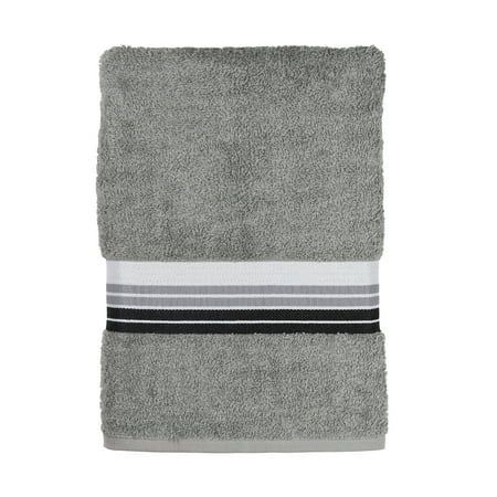 Mainstays Basic Bath Towel, Soft 100% Cotton and Highly Absorbent Striped Bath Towel, Grey