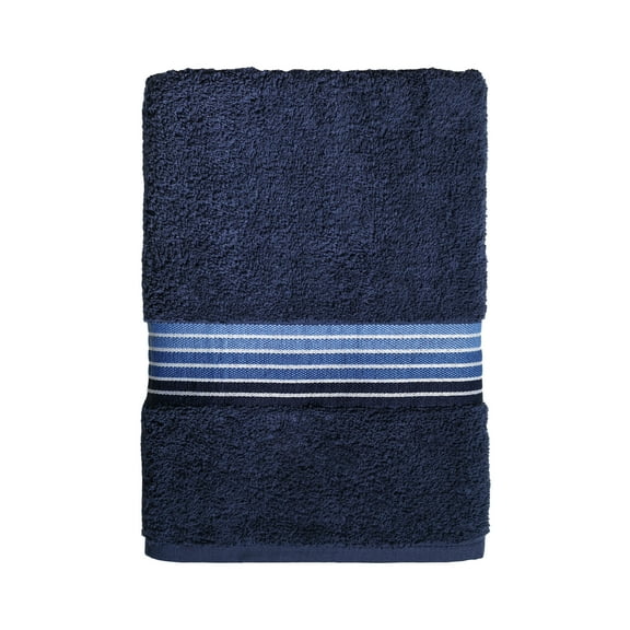 Mainstays Basic Bath Towel, Soft 100%  Cotton and Highly Absorbent Striped Bath Towel, Navy