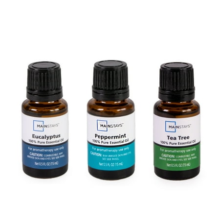 Mainstays Pure Essential Oil Variety 3-Pack, 15 ml Eucalyptus, 15ml Peppermint, 15ml Tea Tree