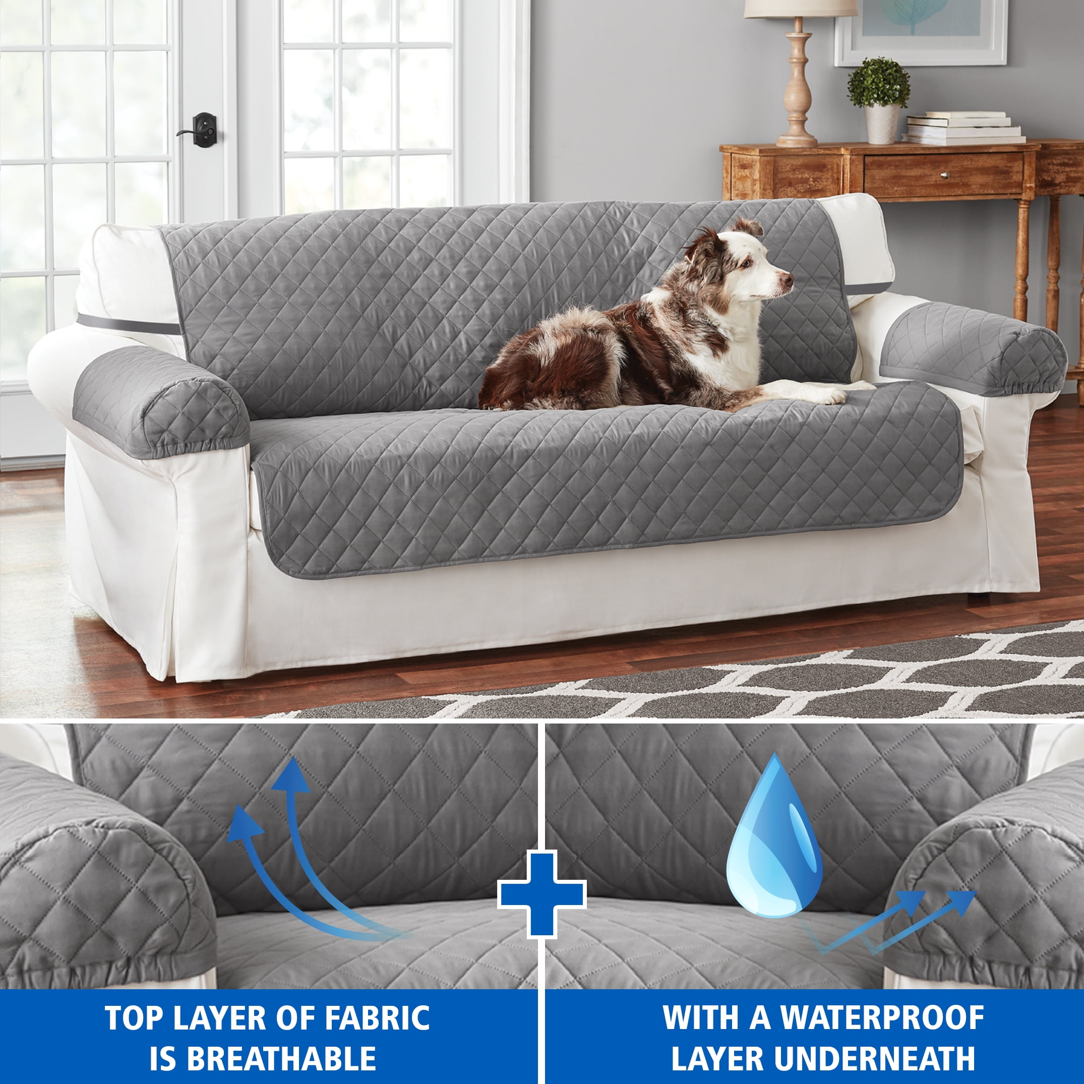  TOMORO Non-Slip Sofa Slipcover - 100% Waterproof Quilted Sofa  Cover Furniture Protector with 5 Storage Pockets, Washable Couch Cover with  Elastic Straps for Dog, Fit Seat Width Up to 68 Inch 
