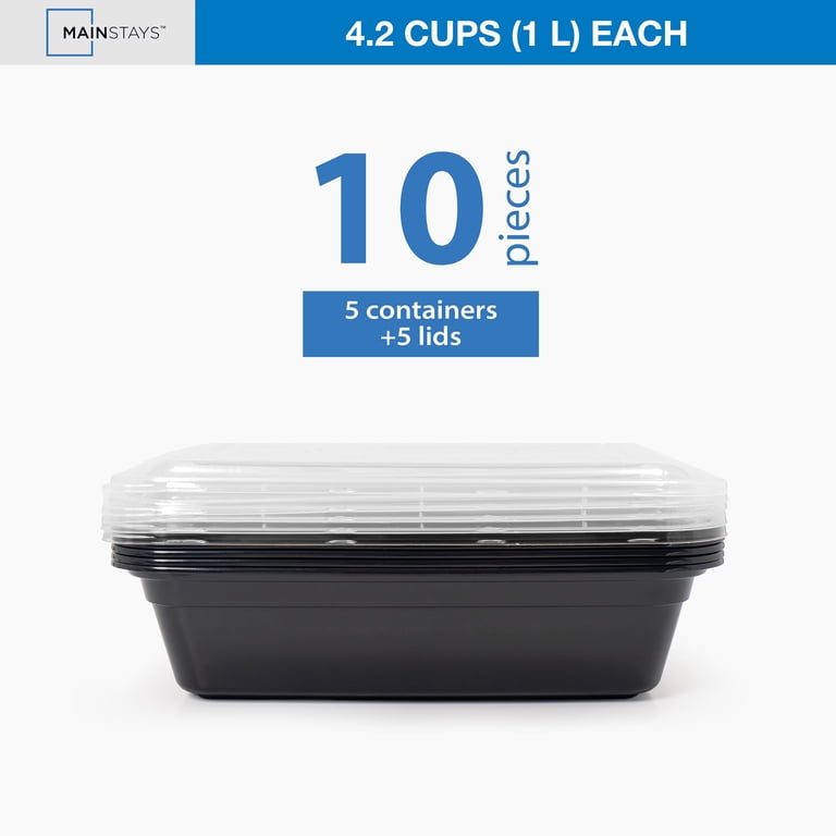 Mainstays 10-Piece Meal Prep Set, 5 Containers + 5 Lids, 1-Compartment, 1 L, BPA-Free, Black