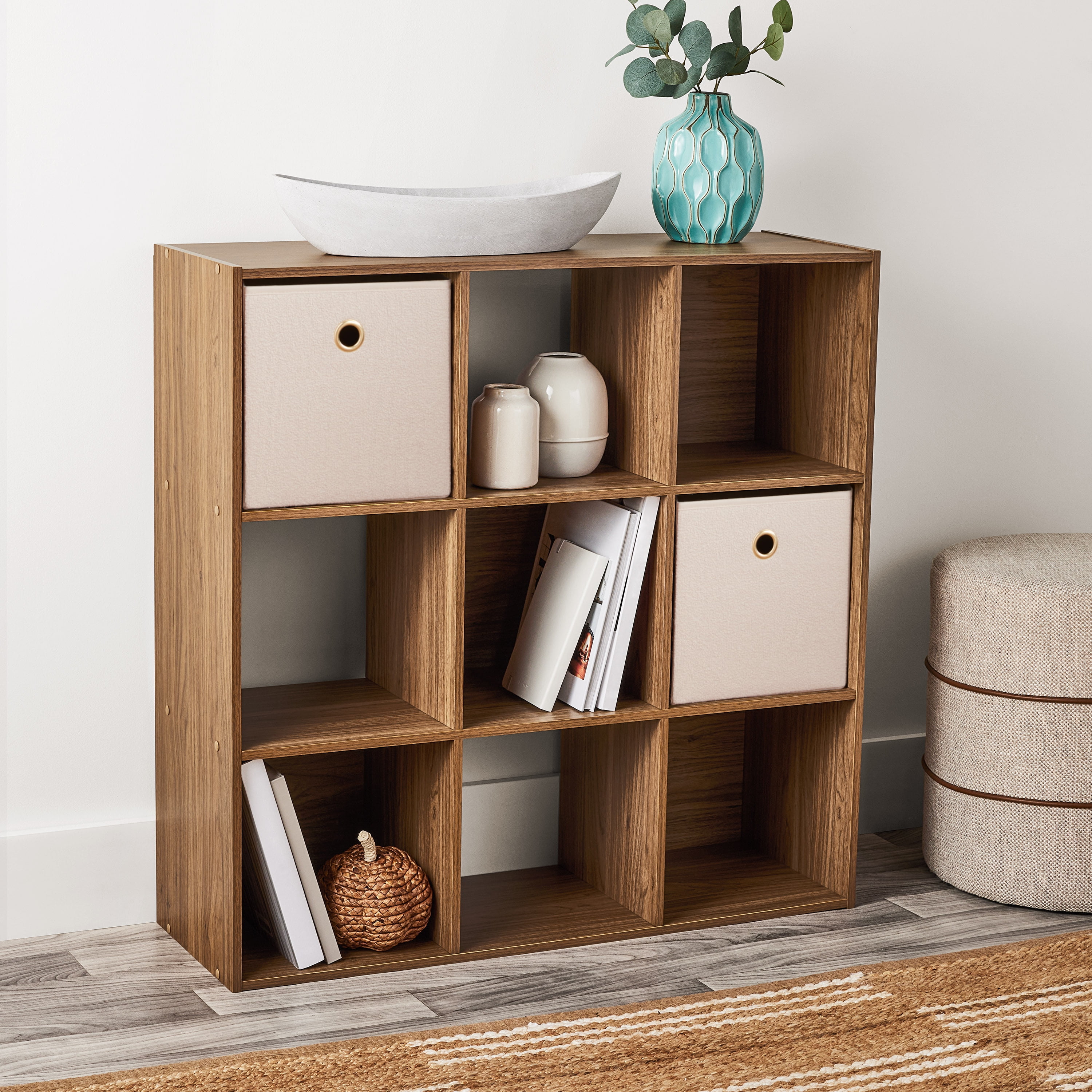 Mainstays 11" 9Cube Storage Organizer, Warm Walnut  (图1)