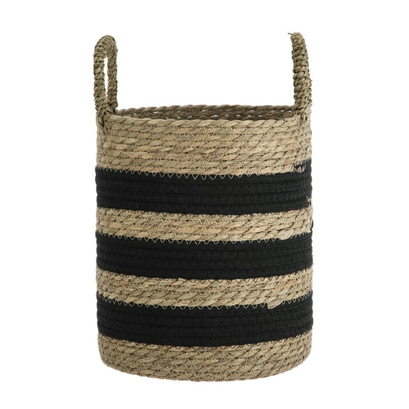 BHG 11" Black & Natural Striped Rush Basket with Handles