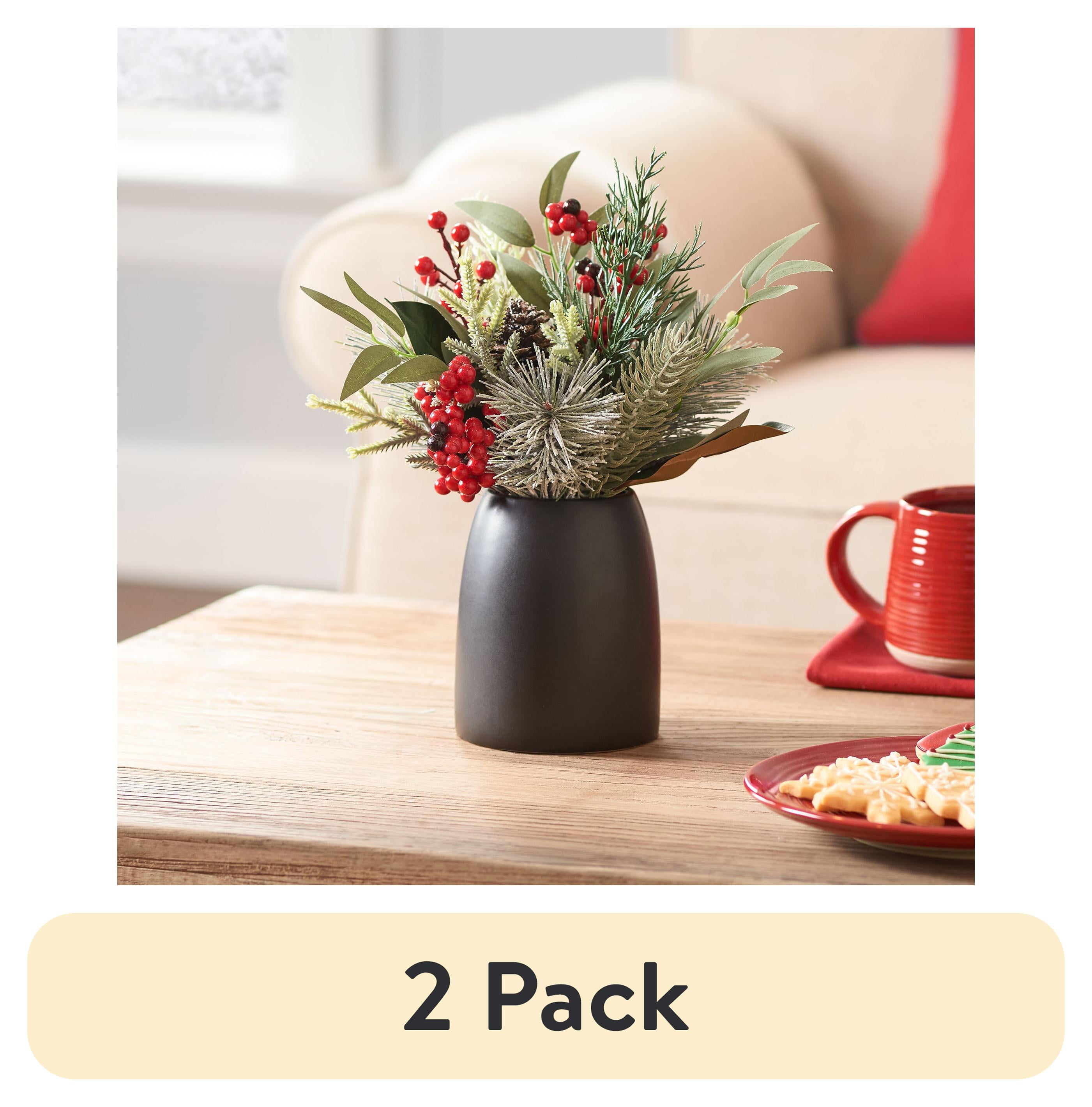 11" Black Ceramic Vase with Artificial Eucalyptus and Pine Arrangement