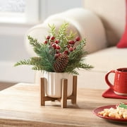 Mainstays 11" Decorative Tabletop Christmas Artificial Tree with Red Berries & Pine in White Ribbed Ceramic Planter on Wooden Stand