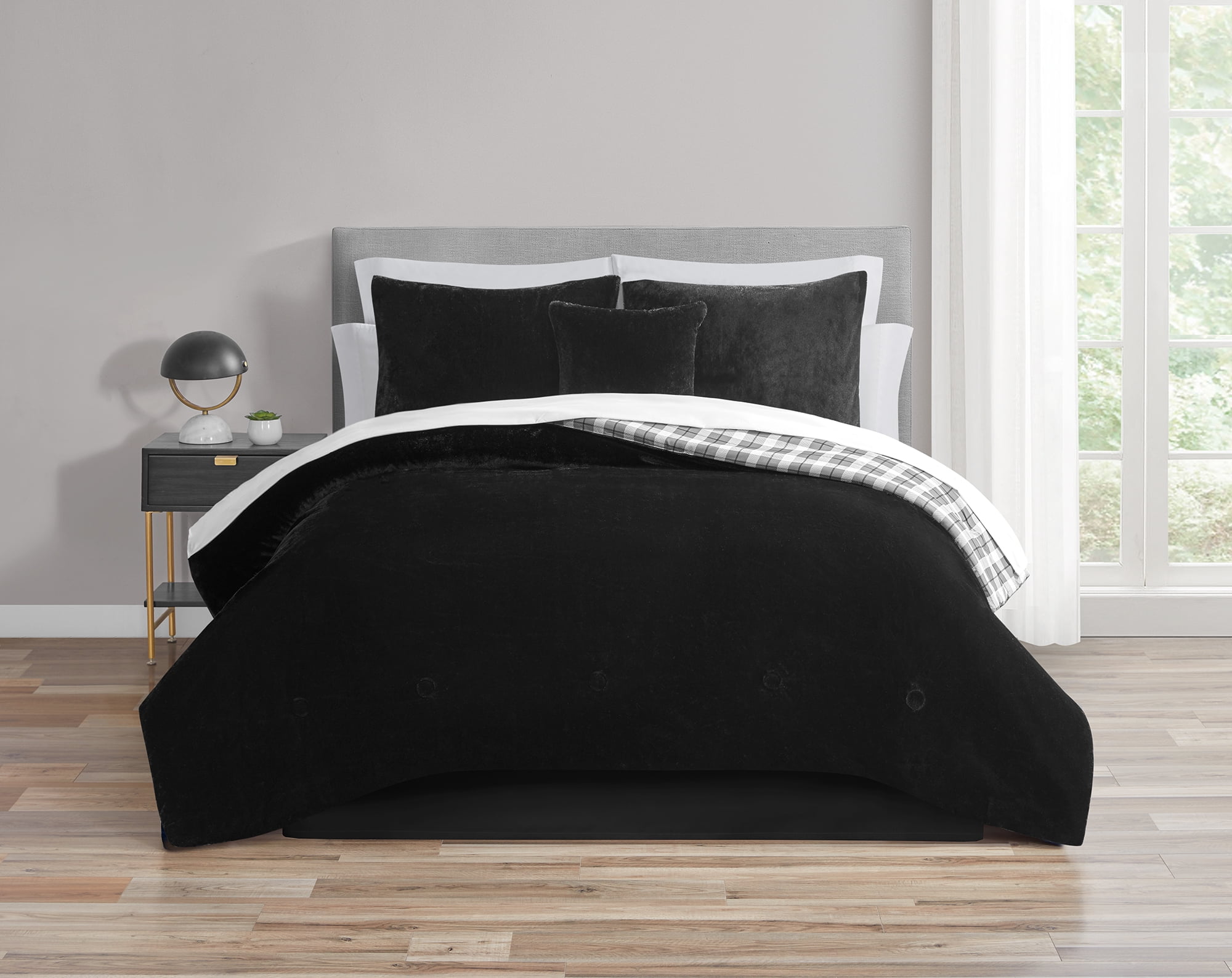 Mainstays 11-Piece Bed in a Bag Comforter Set with Sheets, Black Faux Fur, King, Unisex