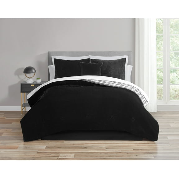 Mainstays 11-Piece Bed in a Bag Comforter Set with Sheets, Black Faux Fur, King, Unisex