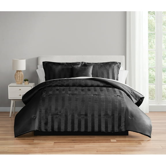 Mainstays 11-Piece Bed in a Bag Comforter Set with Sheets, Black Satin, Full, Unisex