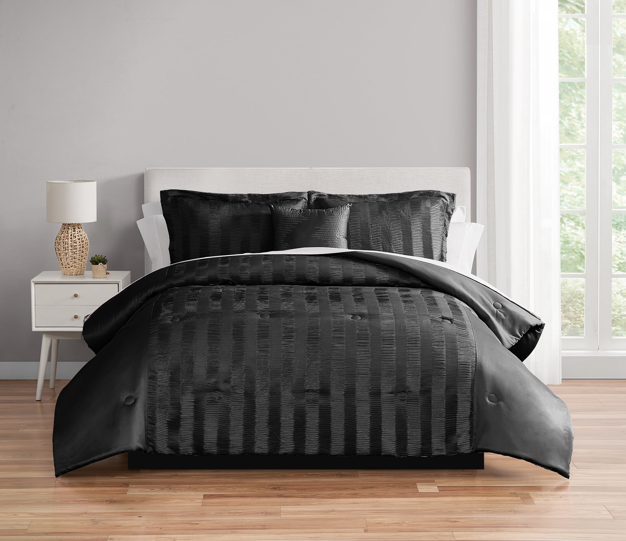 Mainstays 11-Piece Bed in a Bag Comforter Set with Sheets, Black Satin, King, Unisex