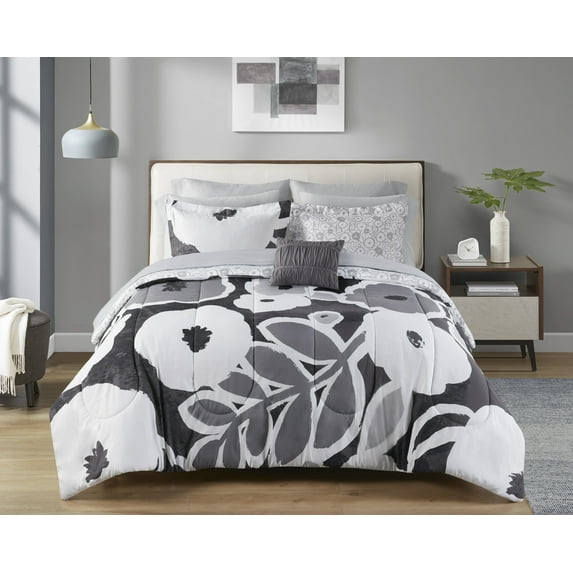 Mainstays All in One Reversible Comforter and Sheet set- 11 Piece, King, Black and White Floral