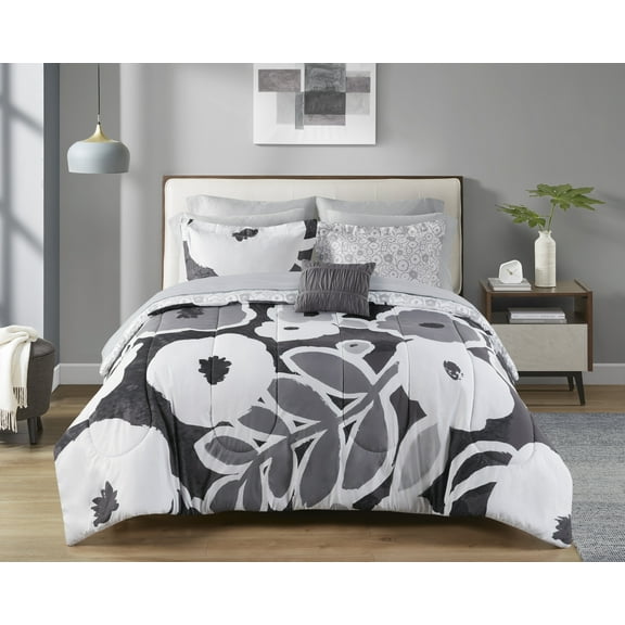 Mainstays Reversible Bed-in-a-Bag Bedding Set, 11-Piece, King, Black and White Floral