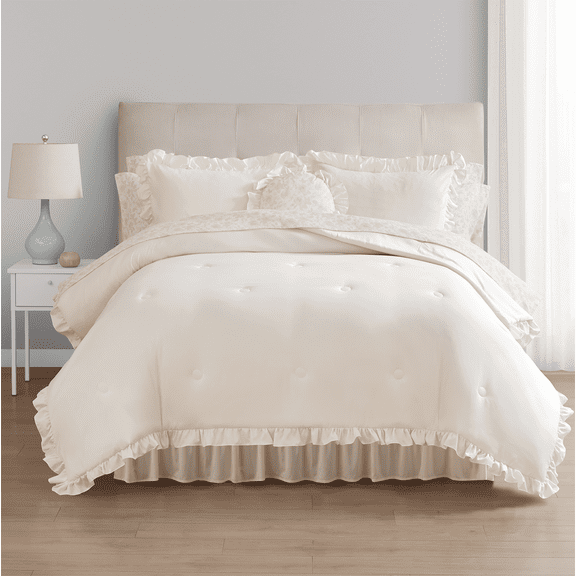 Mainstays All in One Reversible Comforter and Sheet set- 11 Piece, King, Cream Ruffle