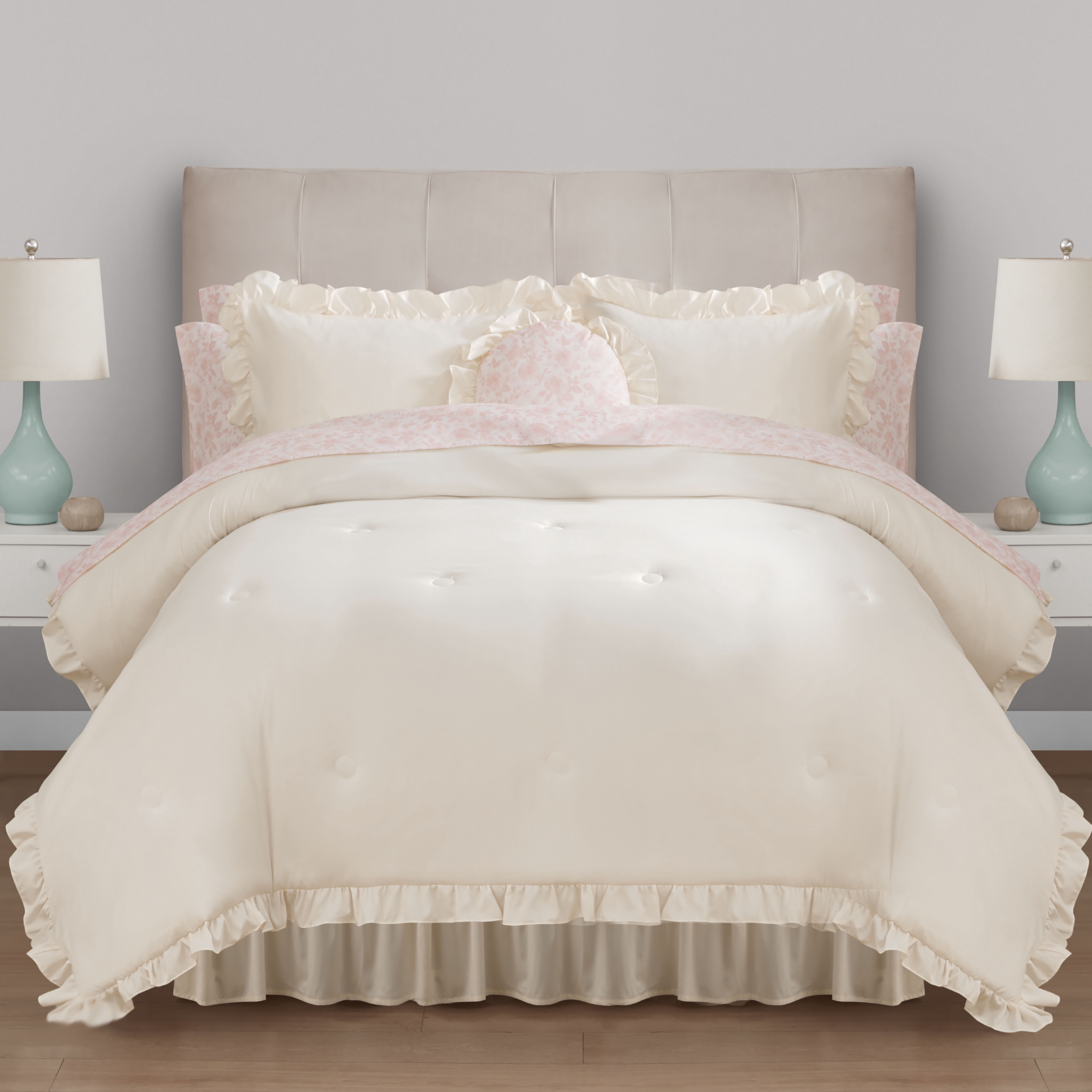 Mainstays All in One Reversible Comforter and Sheet set- 11 Piece, King, Cream Ruffle