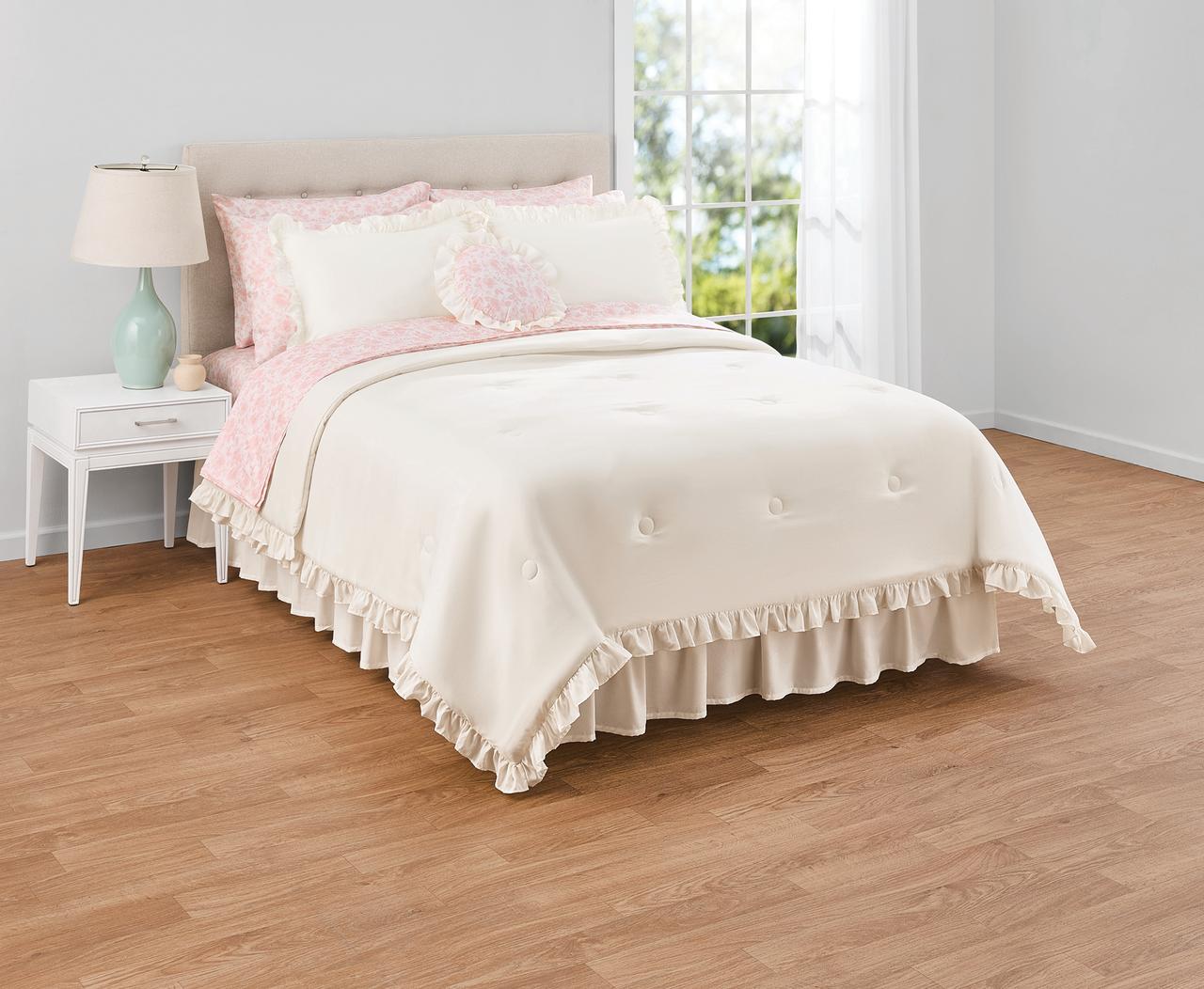 Mainstays 11-Piece Bed in a Bag Comforter Set with Sheets, Cream Ruffle, Queen