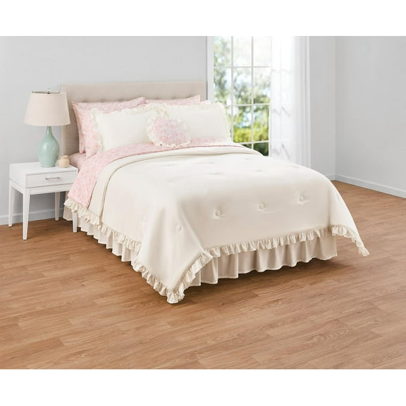 Mainstays 11-Piece Bed in a Bag Comforter Set with Sheets, Cream Ruffle, Queen