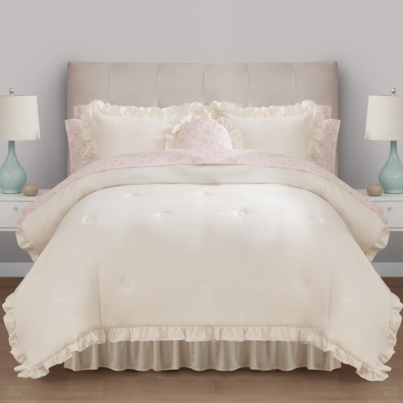 Mainstays All in One Reversible Comforter and Sheet set- 11 Piece, Queen, Cream Ruffle