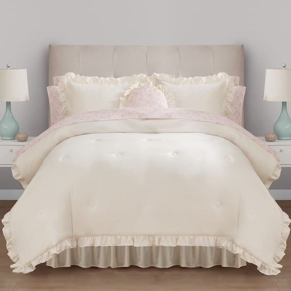 Mainstays All in One Reversible Comforter and Sheet set- 11 Piece, Queen, Cream Ruffle