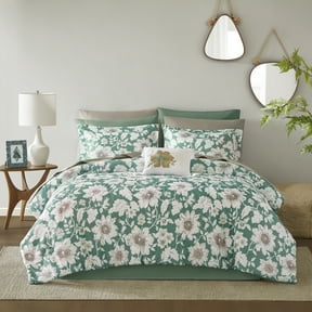 Mainstays Reversible Bed-in-a-Bag Bedding Set, 11 Pieces, Queen, Green Floral