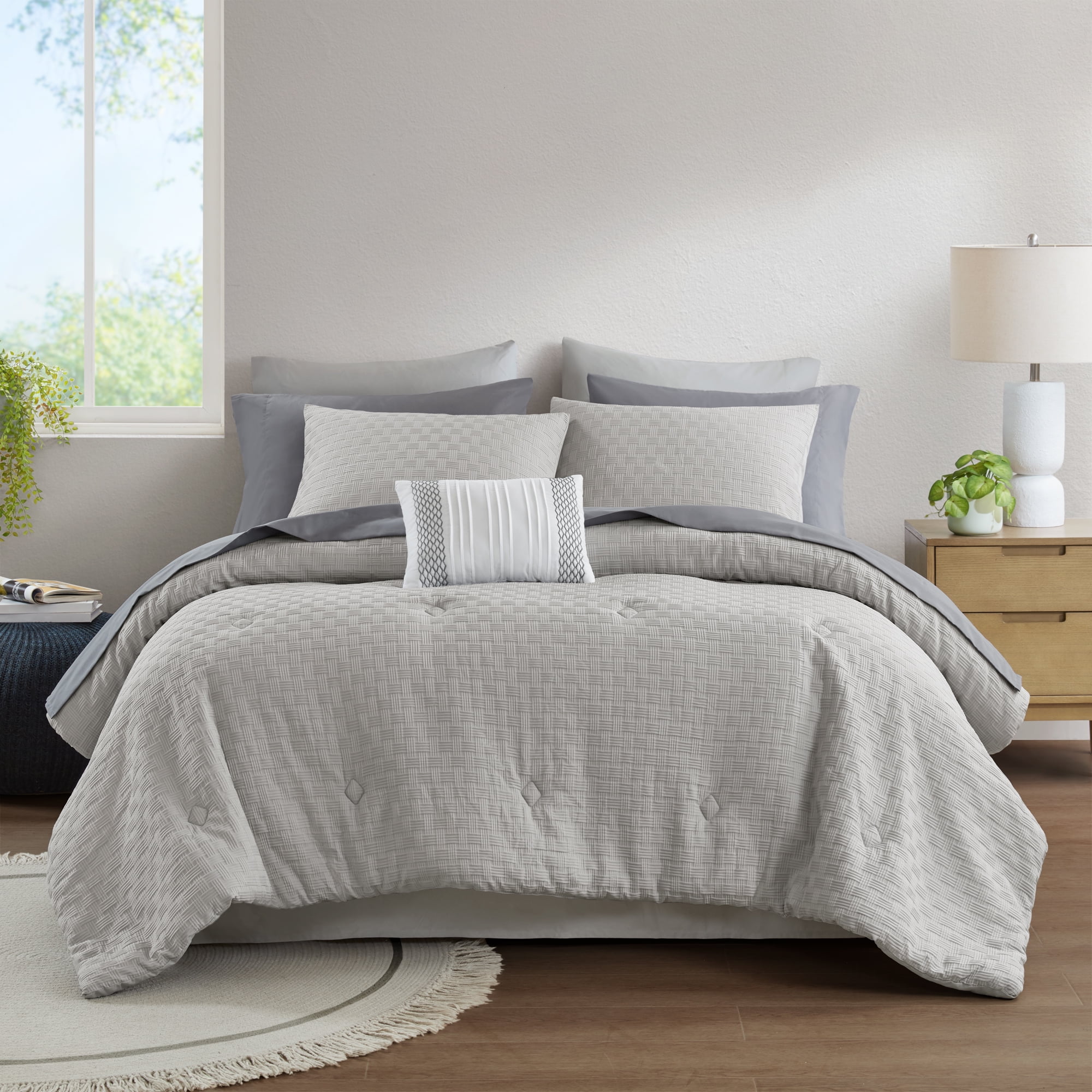Mainstays 11-Piece Bed in a Bag Comforter Set with Sheets, Grey Basketweave, Queen