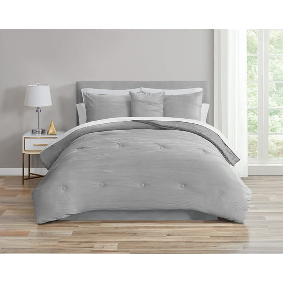 Mainstays 11-Piece Bed in a Bag Comforter Set with Sheets, Gray Crushed Velvet, Queen, Unisex