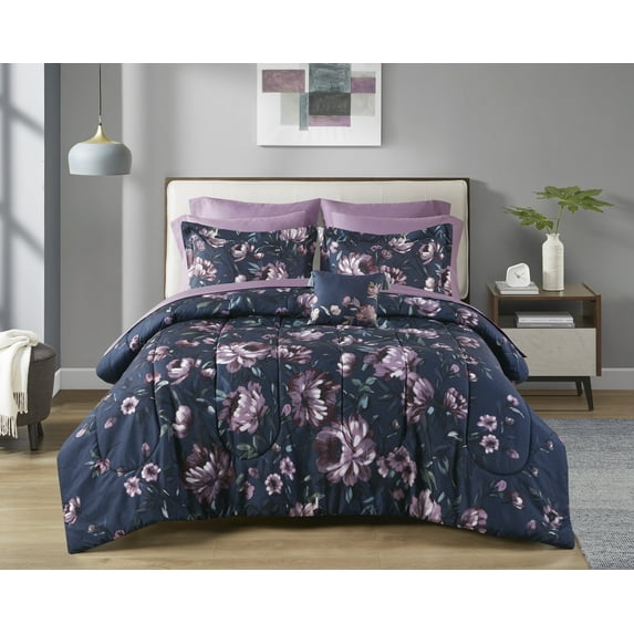 Mainstays All in One Reversible Comforter and Sheet set- 11 Piece, King, Navy Floral