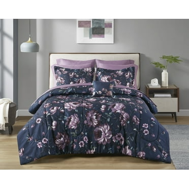 Mainstays 11 Piece Bed in a Bag Comforter Set with Sheets, Navy Floral, Queen