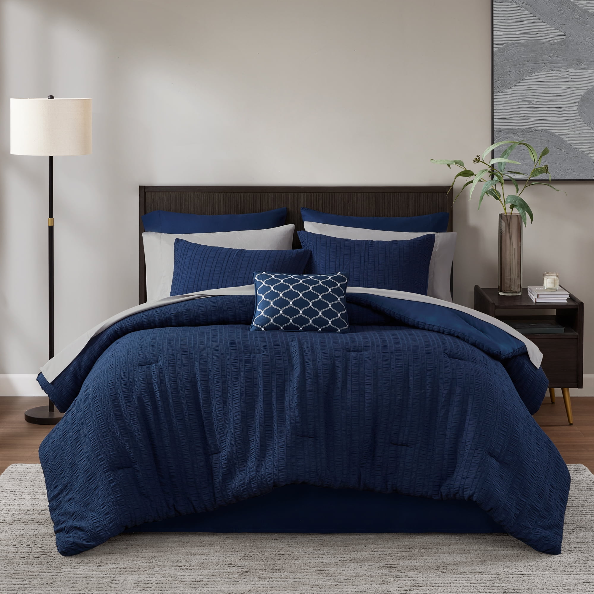 Mainstays All in One Reversible Comforter and Sheet set- 11 Piece, Full, Navy Seersucker