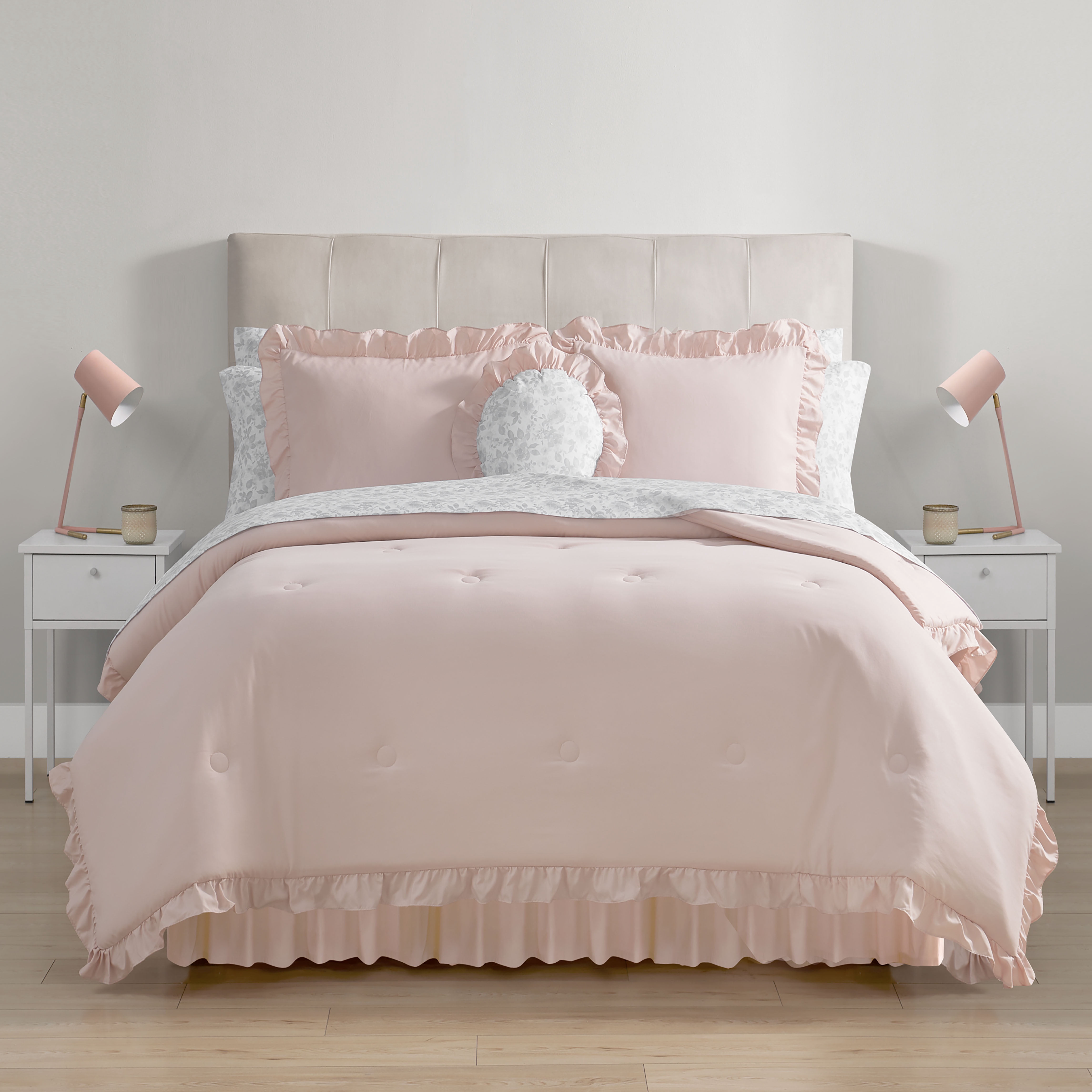 Mainstays All in One Reversible Comforter and Sheet Set- 11 Piece, Full, Pink and Grey Ruffle