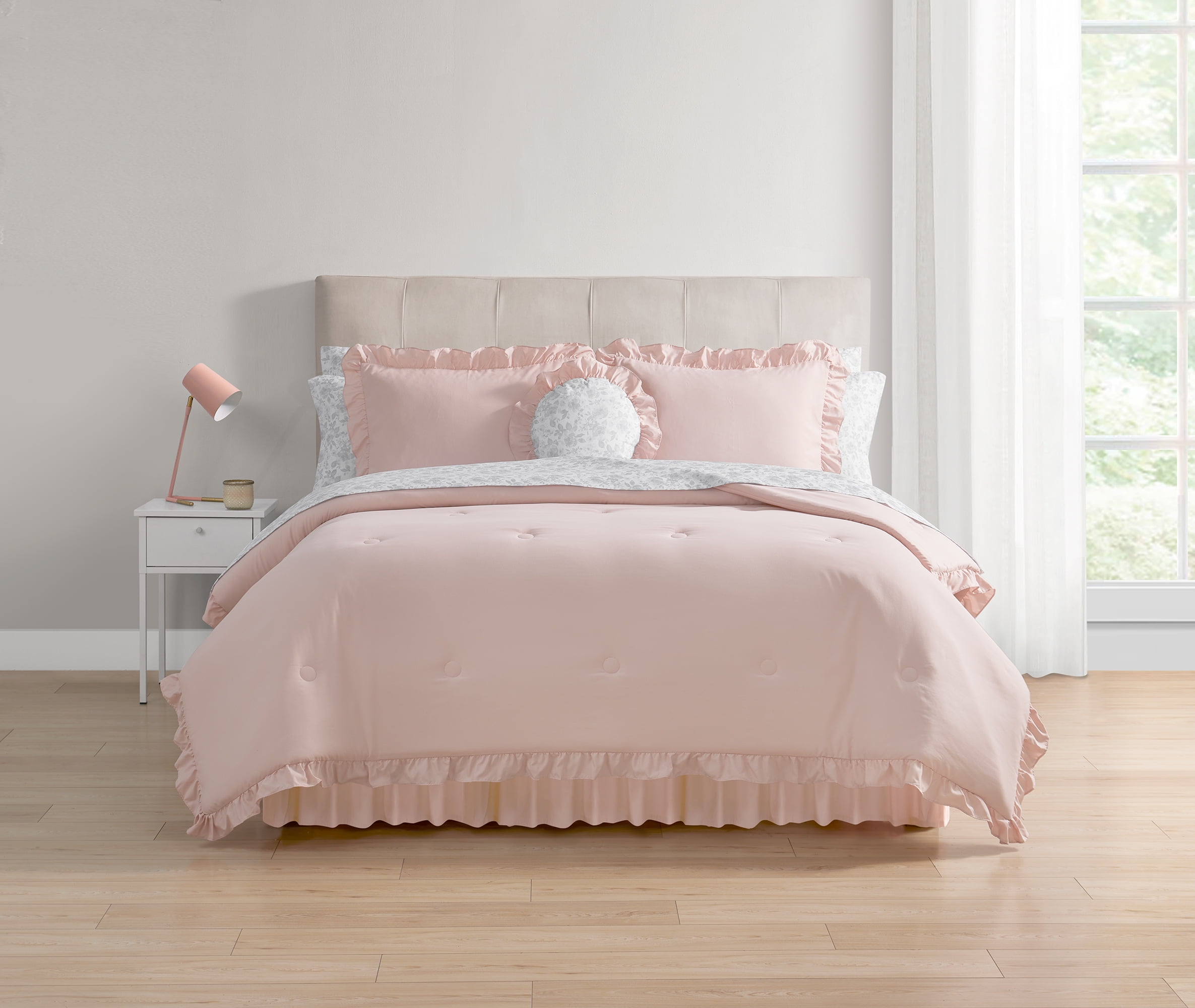 Mainstays 11-Piece Bed in a Bag Comforter Set with Sheets, Pink & Gray Ruffle, King, Unisex
