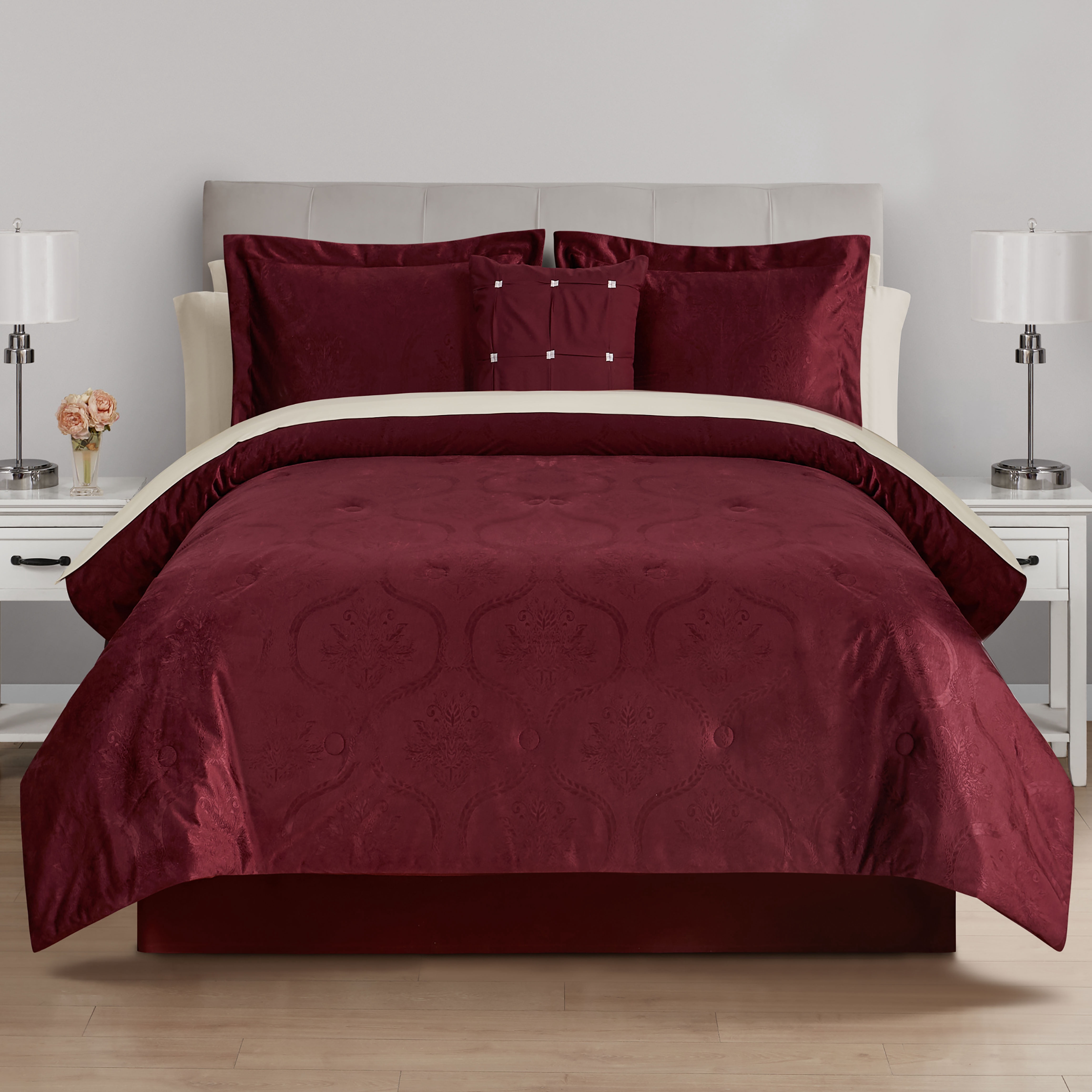 Mainstays All in One Reversible Comforter and Sheet set- 11 Piece, King, Red Velvet