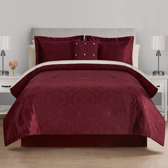 Mainstays All in One Reversible Comforter and Sheet set- 11 Piece, Queen, Red Velvet