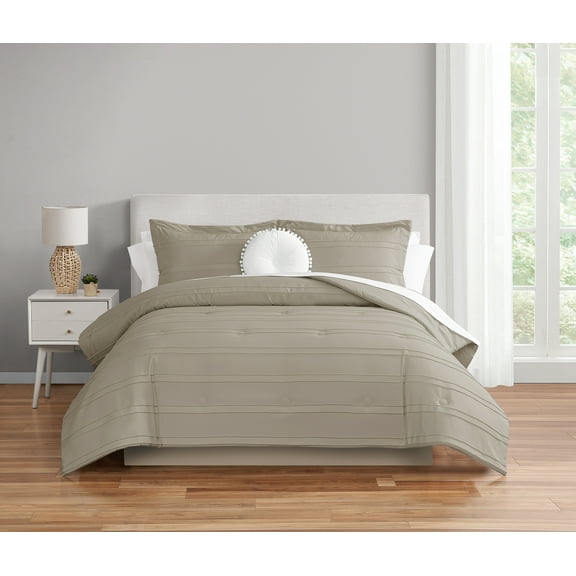 Mainstays 11-Piece Bed in a Bag Comforter Set with Sheets, Tan Stripe, Full, Unisex