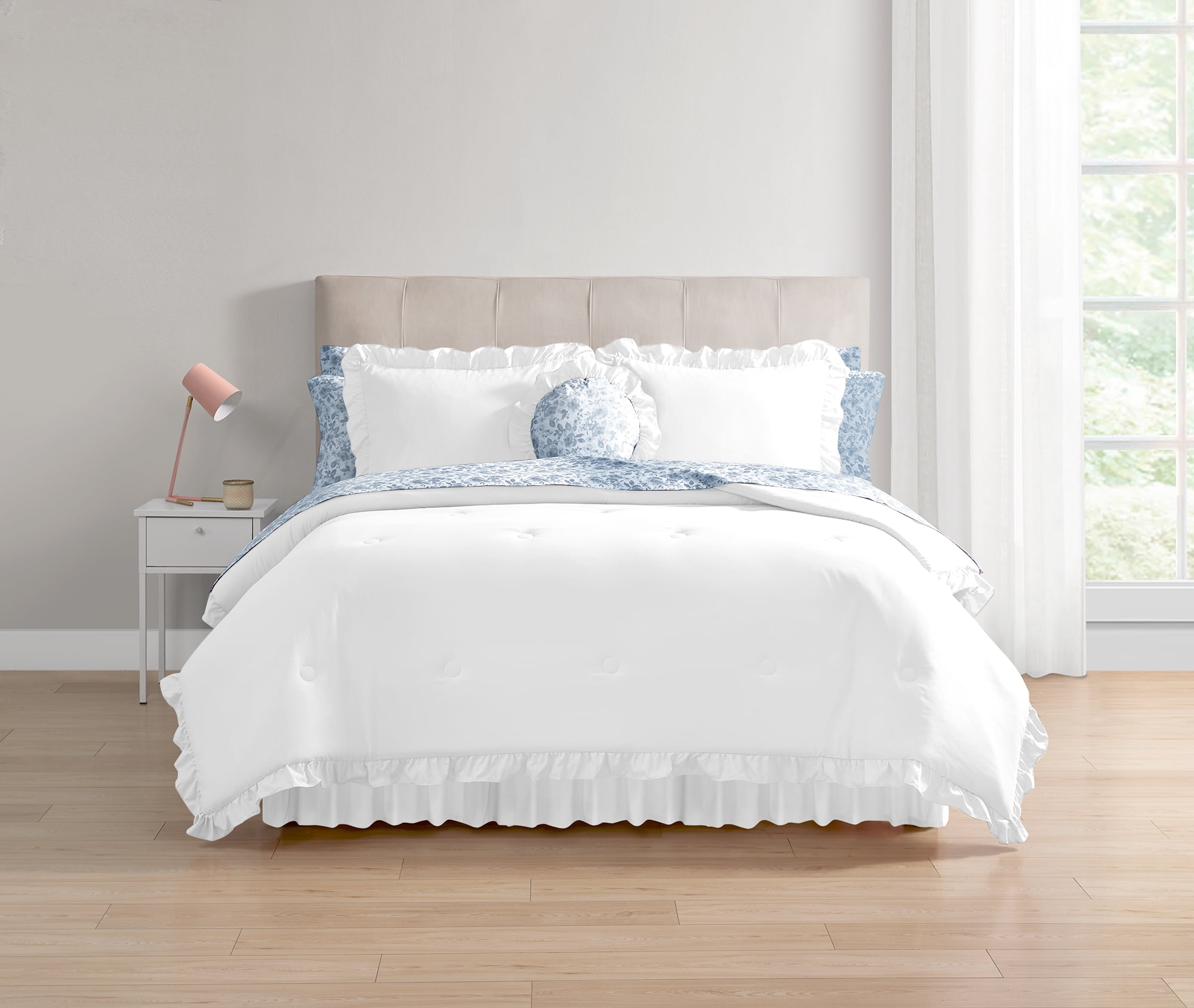Mainstays 11-Piece Bed in a Bag Comforter Set with Sheets, White & Blue Ruffle, Full, Unisex