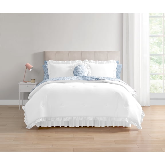 Mainstays All in One Reversible Comforter and Sheet Set- 11 Piece, Full, White and Blue Ruffle