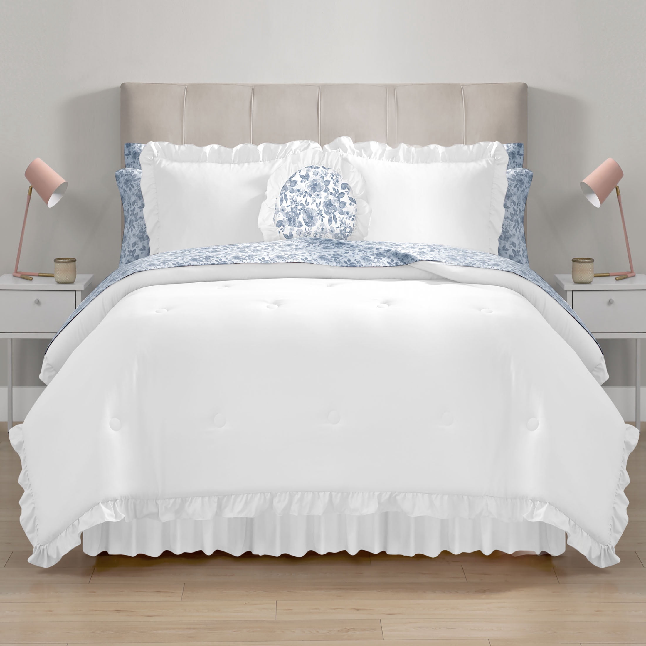 Mainstays All in One Reversible Comforter and Sheet Set- 11 Piece, Full, White and Blue Ruffle
