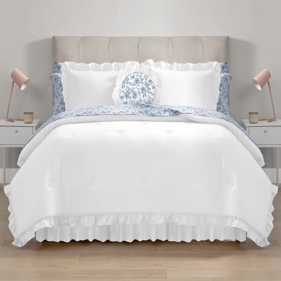 Mainstays All in One Reversible Comforter and Sheet Set- 11 Piece, Full, White and Blue Ruffle