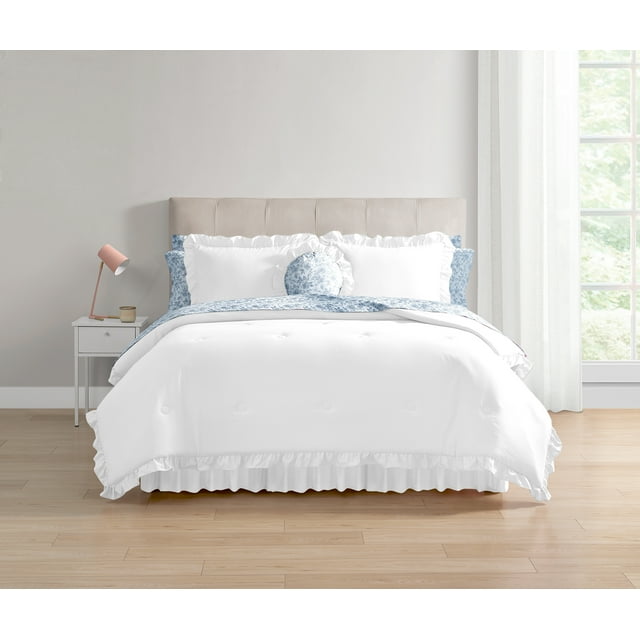 Mainstays All in One Reversible Comforter and Sheet Set- 11 Piece, King, White and Blue Ruffle