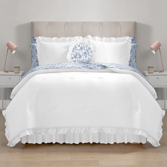 Mainstays All in One Reversible Comforter and Sheet Set- 11 Piece, King, White and Blue Ruffle