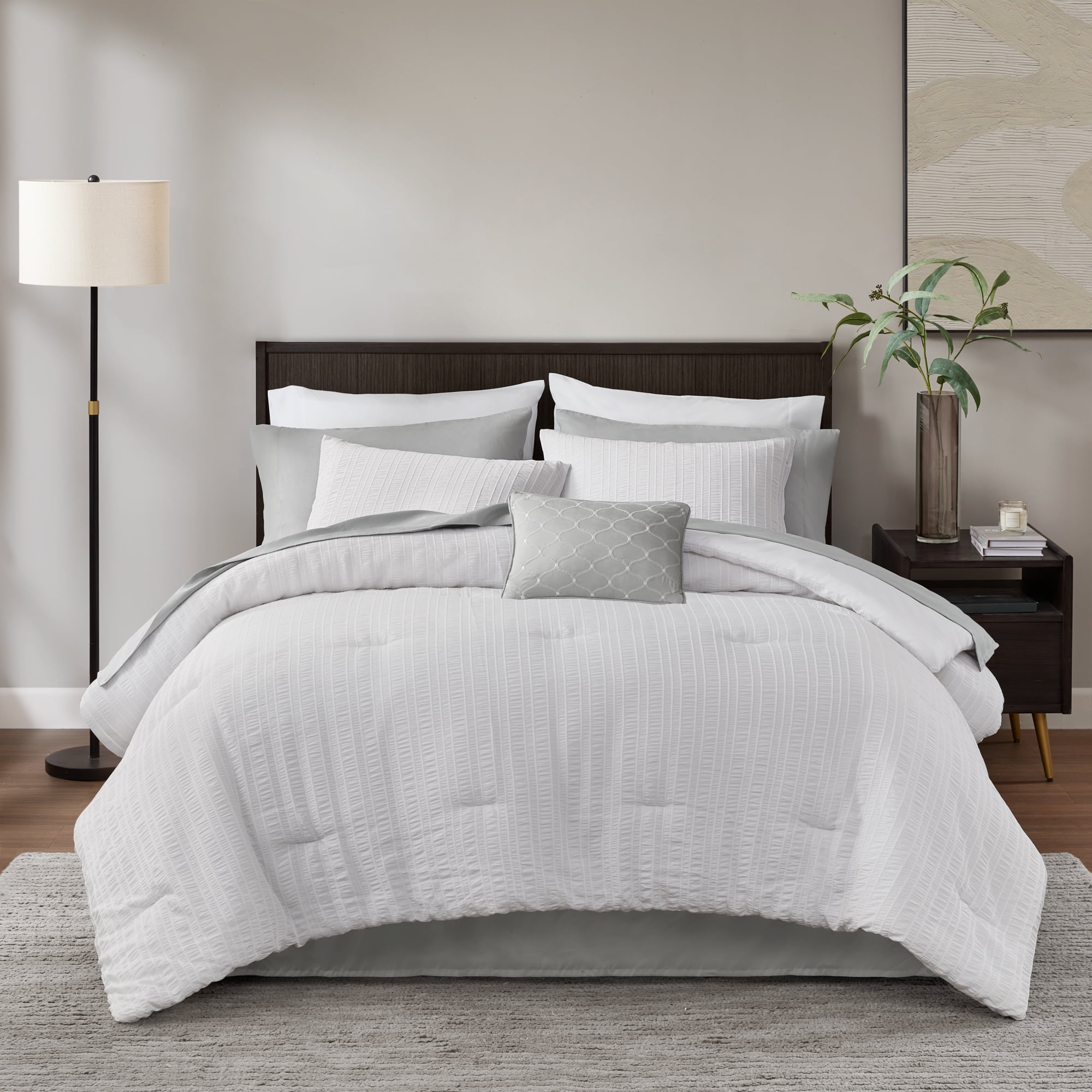 Mainstays 11-Piece Bed in a Bag Comforter Set with Sheets, White Seersucker, Full