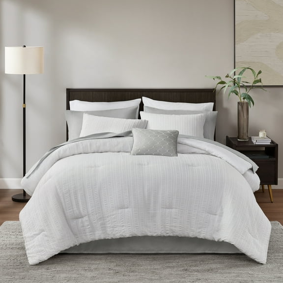 Mainstays 11-Piece Bed in a Bag Comforter Set with Sheets, White Seersucker, Full