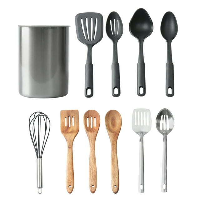 Mainstays 11 Piece Silver, Black, and Wood Kitchen Tools with Stainless