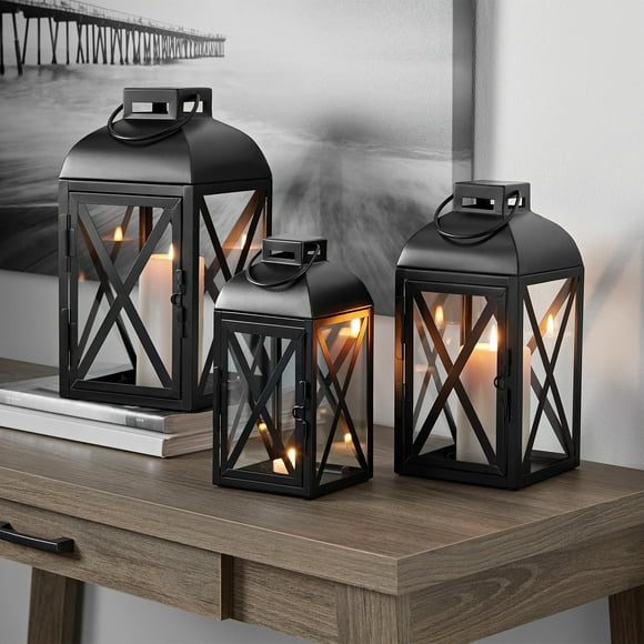 Mainstays Decorative Black Metal Pillar Candleholder Lantern, 12", Medium