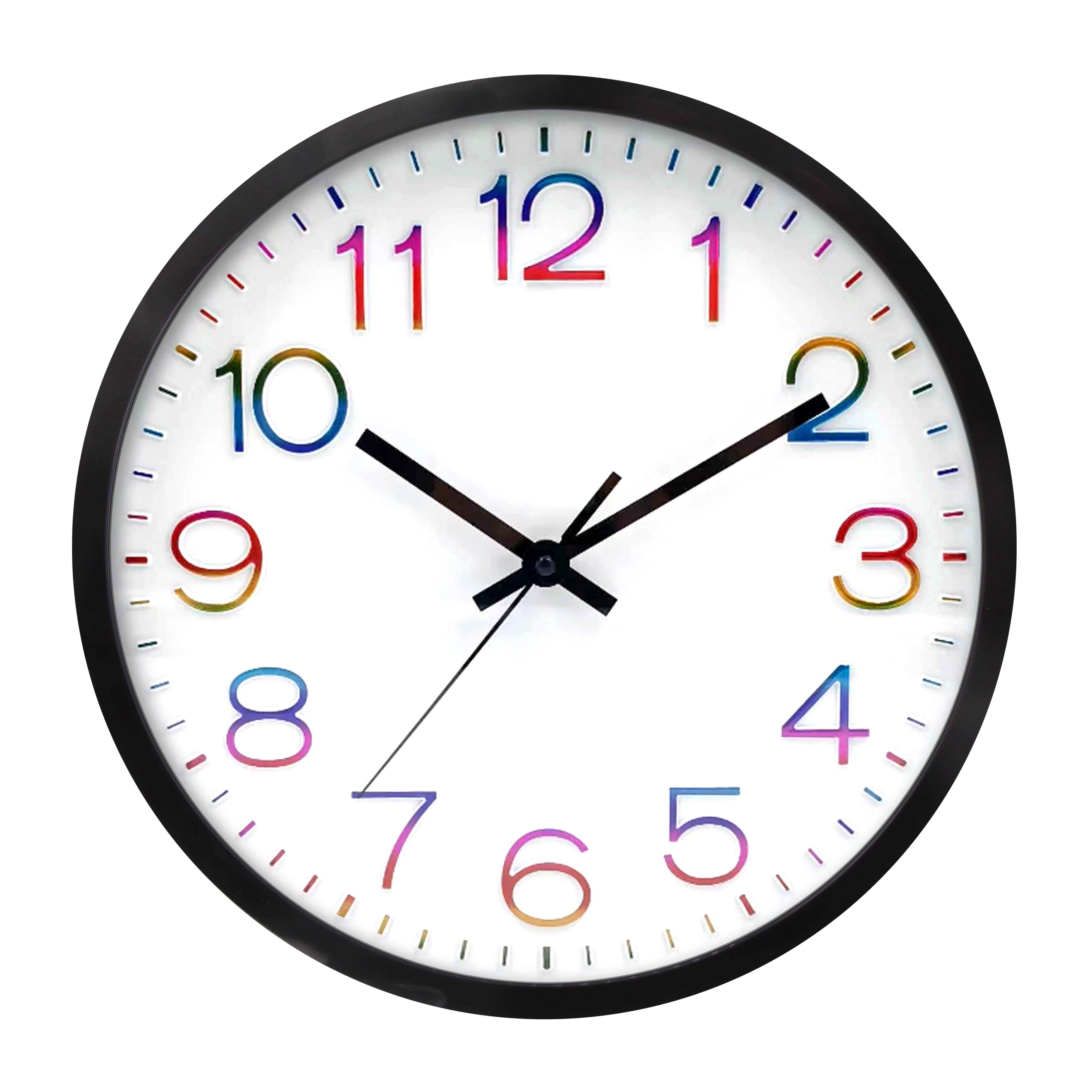 12" Black Modern Wall Clock with Multicolor Numbers